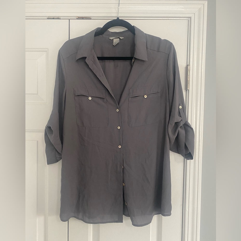 H&M Gray Utility Button Down Blouse Roll Tab Sleeve Size 12
